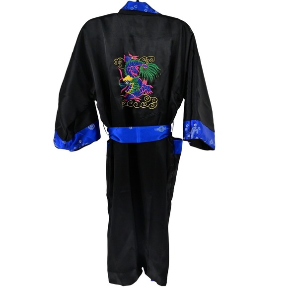 Unbranded Other - VTG Reversible Phoenix Dragon Kimono Robe Silk Satin Black Blue Pristine Boho